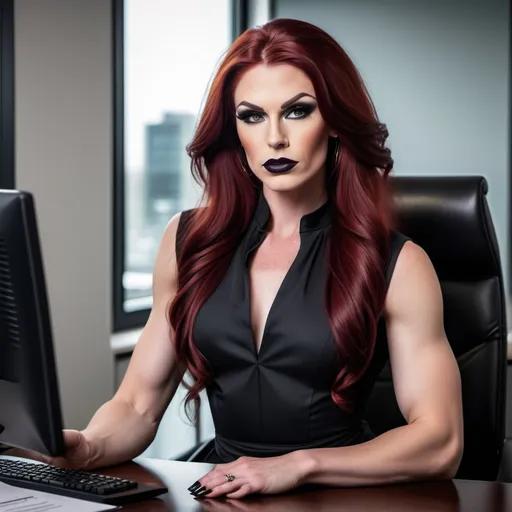 Prompt: Gorgeous, muscular, transwoman (with very strong masculine jawline) with long luscious dark red hair, dark eye makeup,  and dark lipstick wearing a beautiful designer  business dress and heels. Sitting confidently at a desk in an office