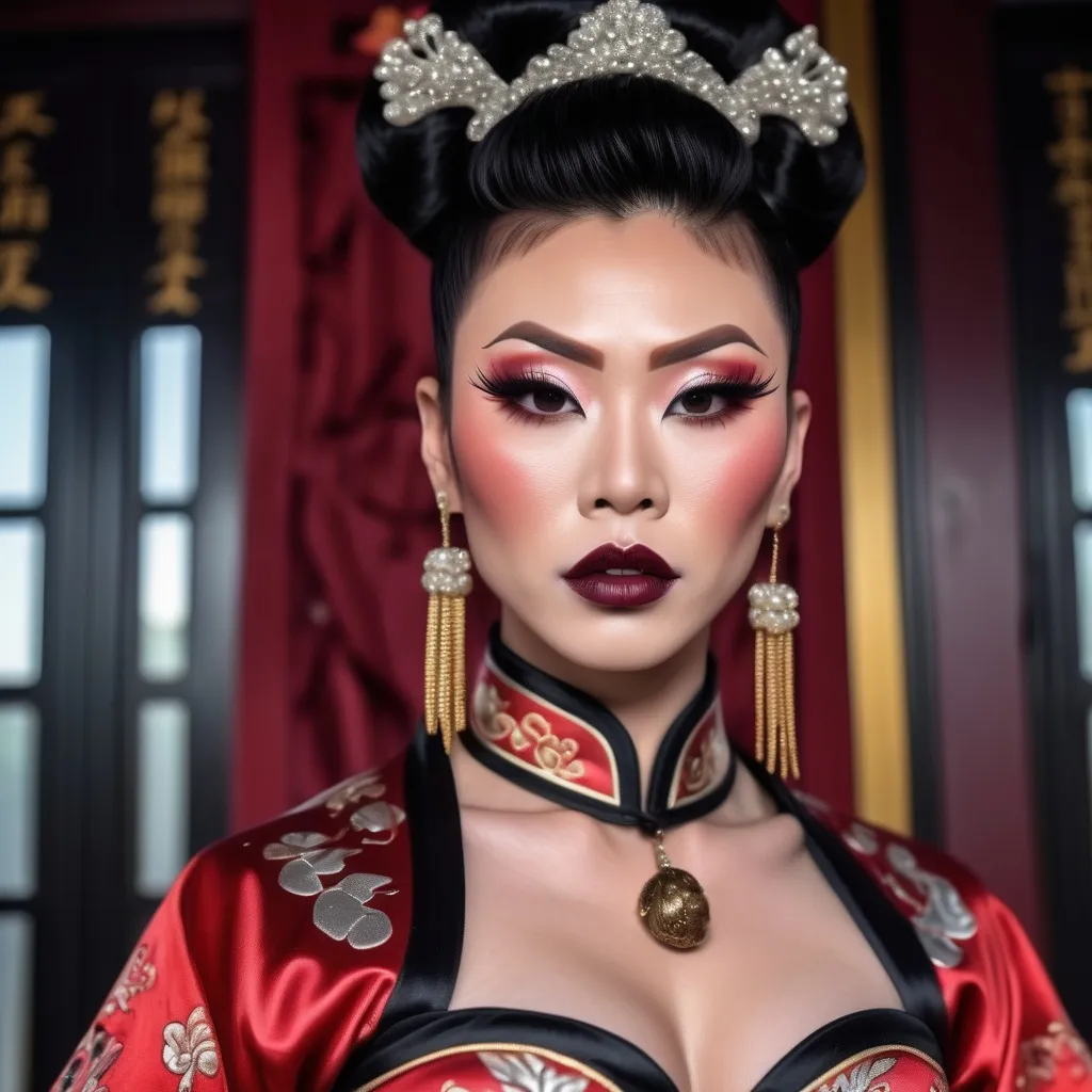Prompt: gorgeous muscular 25-year-old Chinese drag queen (strong drag queen facial features, dark red hair, dark lipstick) wearing traditional clothing staring longingly at me
