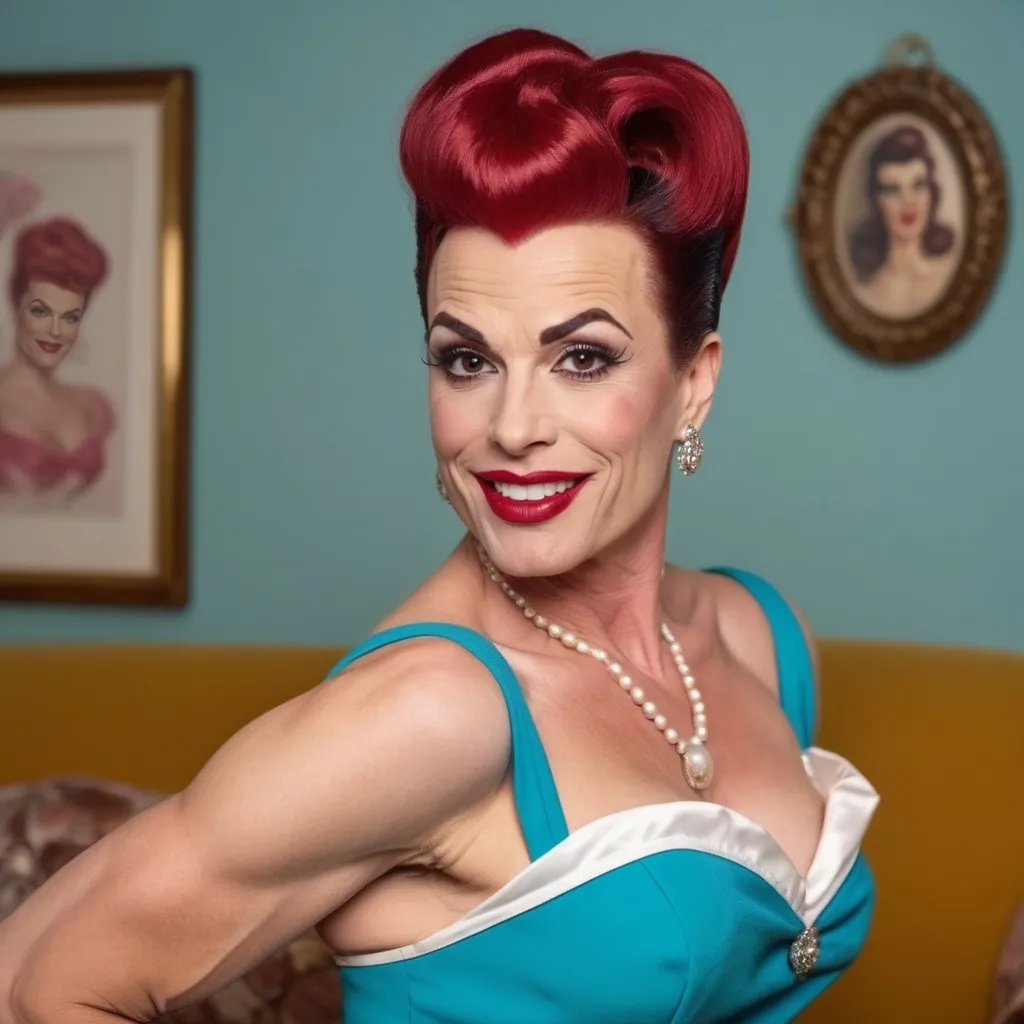 Prompt: Gorgeous ultra-muscular 35-year-old Swedish drag queen (masculine jawline and brow features) with dark red hair dressed as a 1950s housewife pinup hostess flirty smile head back small wave, 1950s living room