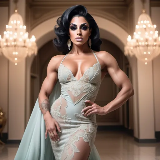 Prompt: (Gorgeous ultra-muscular 25-year-old Saudi Arabian drag queen bodybuilder with very short black swept over hair dressed in a delicate Valentino dress), ethereal elegance, soft flowing fabric, intricate lace details, graceful pose, capturing a moment of poise, muted colors with gentle pastel tones, background featuring an opulent setting, dreamy ambiance, ultra-detailed, high quality, focusing on fashion artistry, bringing forth luxury and sophistication.