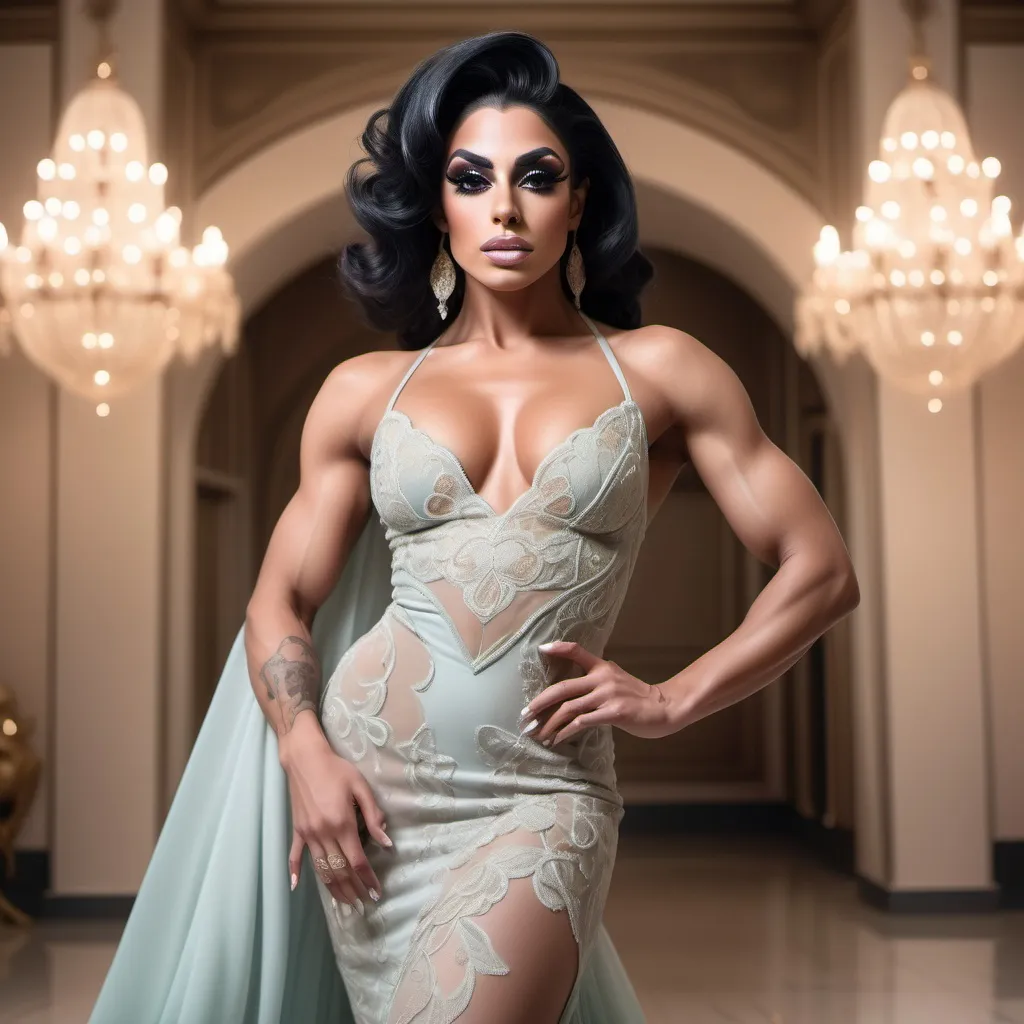 Prompt: (Gorgeous ultra-muscular 25-year-old Saudi Arabian drag queen bodybuilder with very short black swept over hair dressed in a delicate Valentino dress), ethereal elegance, soft flowing fabric, intricate lace details, graceful pose, capturing a moment of poise, muted colors with gentle pastel tones, background featuring an opulent setting, dreamy ambiance, ultra-detailed, high quality, focusing on fashion artistry, bringing forth luxury and sophistication.