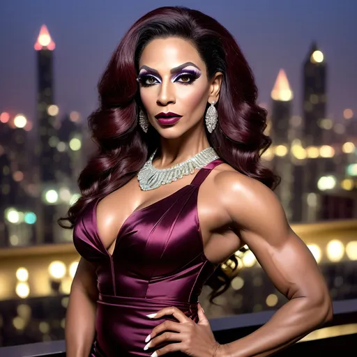 Prompt: Gorgeous muscular 35-year-old Egyptian drag queen bodybuilder with big busom, dark eyeshadow, dark burgundy lipstick, and long wavy dark hair with highlights, wearing a (Miu Miu dress), high fashion, chic and stylish, elegant silhouette, luxurious fabric texture, (vibrant color patterns), soft, muted lighting providing a dreamy atmosphere, backdrop of a glamorous cityscape, intricate details on dress design, (ultra-detailed), (4K), stunning visual presentation, evoking a sense of sophistication and modernity.