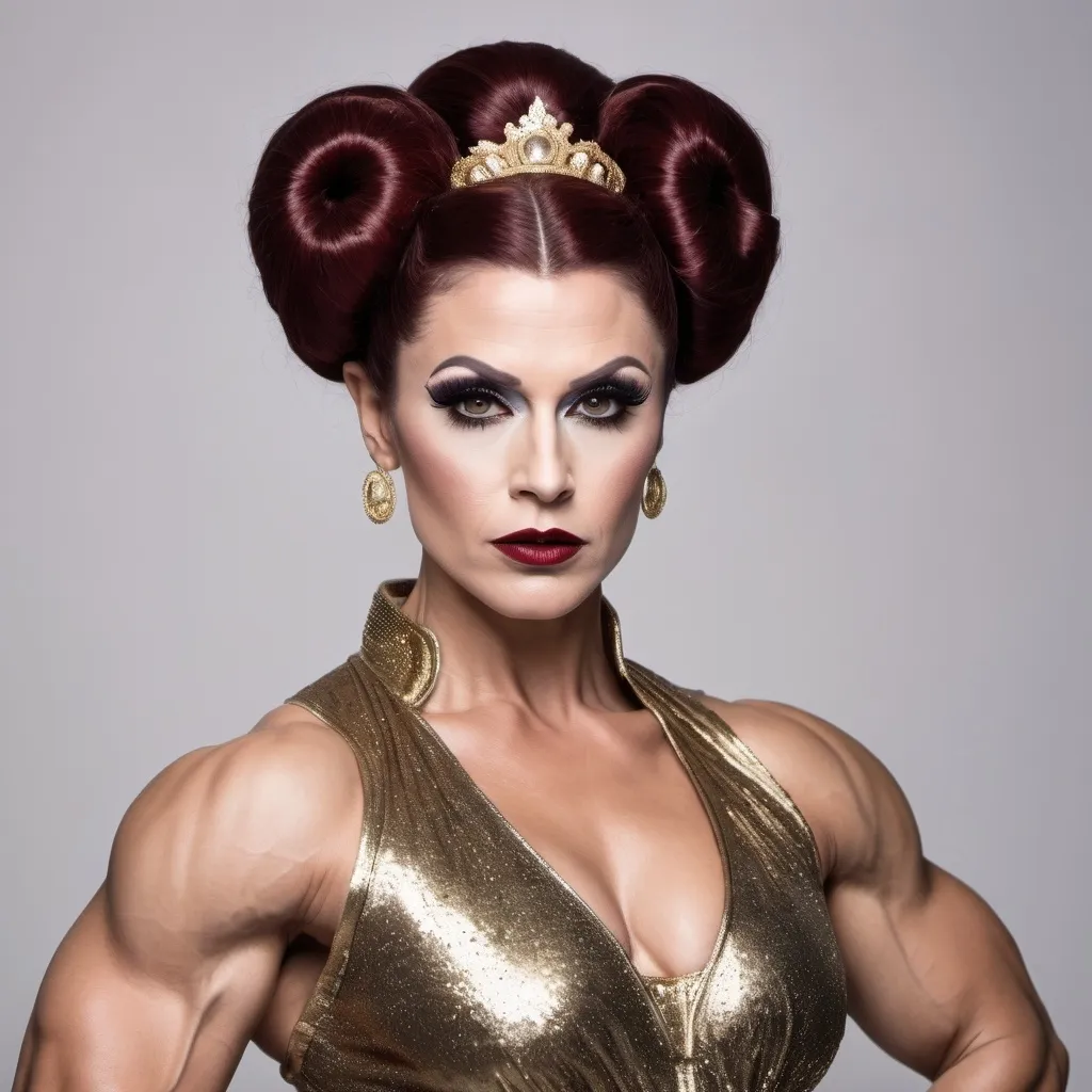 Prompt: Muscular 30-year-old Czechian drag queen bodybuilder dressed as Princess Leia. Dark eyeshadow and dark red lipstick.