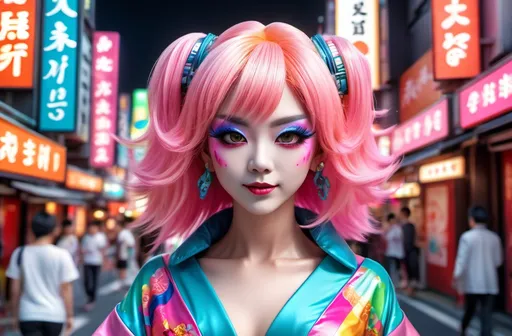 Prompt: realistic photo quality, full body view, cute petite 25-year-old anime drag queen goddess, bright color for hair, detailed facial features with shy smile expression, in cyber geisha style adaptation, detailed clothing elements, highly stylized artstyle, messy abstract neon tokyo hip shopping district background, digital illustration, ultra hd, motion blur, deep depth of field, deep blue color scheme, pastel color scheme