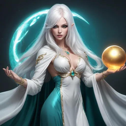 Prompt: Full body pose, of a beautiful RPG game muscular drag queen Mage character, she has long straight shiny white hair, perfect face, perfect body, she’s wearing a long white flowing dress with a teal hooded cape, she’s holding a golden septor that has a round teal glass orb on the tip, it is glowing showing she’s ready for battle, ultra detailed, digital art, ultra realistic digital art, uhd, 14k, cinematic, professional photography, fantasy , dslr, glamour shot, sharp focus,