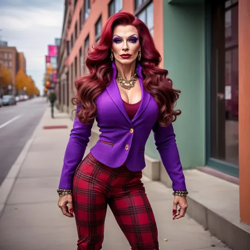 Prompt: Gorgeous ultra-muscular 35-year-old Russian drag queen bodybuilder), long thick stylish dark red wavy hair, wearing (bright purple turtleneck), (vibrant brown sport coat), plaid pants, 8 inch red Converse All Star high heel shoes, striking heroic confident pose, (fun colorful retro  setting), old timey control panels, (highly detailed), (4K), playful ambiance, whimsical atmosphere, eclectic background elements, lush colors for a captivating visual experience.