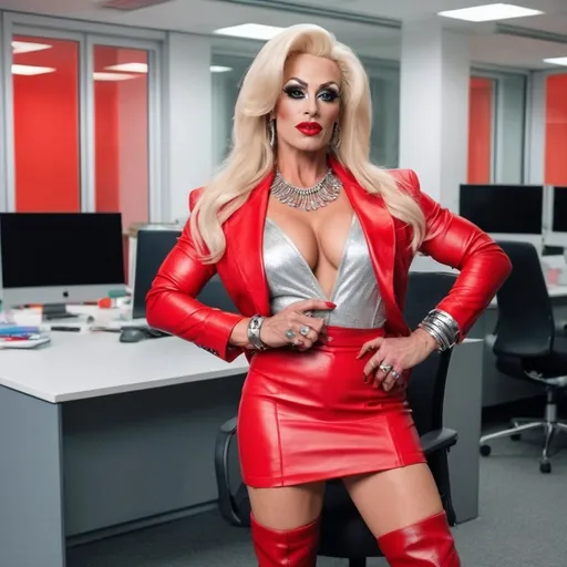 Prompt: A gorgeous muscular 35-year-old French drag queen with big busom and muscular physique, standing up in a large, modern office. She is holding a lit cigarette in her fingers. She is wearing red boots with 6-inch stiletto heels, a red jacket, and a red leather short miniskirt. She has very long, straight blonde hair. She has beautiful shapely legs. She is wearing a silver necklace and bracelets. Her nails are red. She is happy.