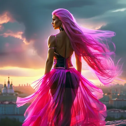 Prompt: Gorgeous ultra-muscular 25-year-old Serbian goddess bodybuilder with ridiculously long straight shiny pink hair (blowing  in  the  wind) in colorful neon pink and black miniskirt, snokey eye shadow, dark mascara, dark red lipstick, highly detailed face, UHD, volumetric lighting, standing on a bluff, distant storm approaching Moscow, futuristic fashion, elegant pose, cityscape, urban, intense gaze, highres, ultra-detailed, glamorous, fashion, atmospheric lighting, modern