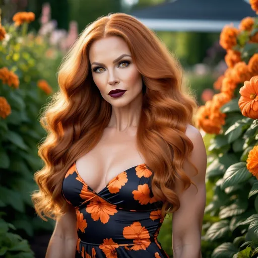 Prompt: Gorgeous 30-year-old Finnish goddess body builder wearing dark orange lipstick,  dark eye shadow, with ridiculously long wavy dark orange hair wearing a short, airy dress, in a flower garden. Professional photography, natural lighting, canon lens, shot on dslr 64 megapixels sharp focus