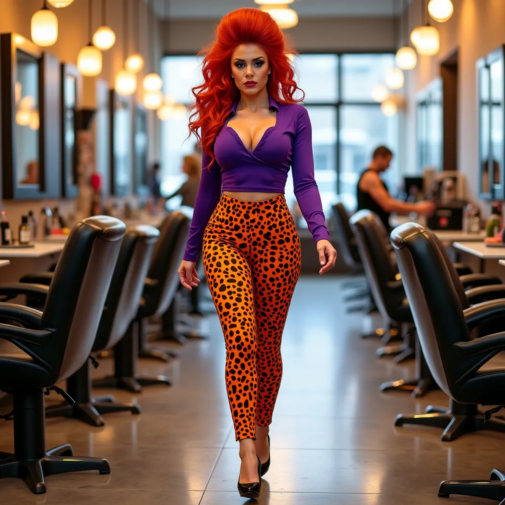 Prompt: Gorgeous ultra-muscular 25-year-old Polish drag queen bodybuilder with long crimson beehive updo hairstyle dressed as Peg Bundy in tight orange leopard print pants, low cut purple blouse, and 8 inch stiletto high heel shoes, walking through a hair salon. Purple low cut blouse, low cut purple blouse. Orange leopard print pants.