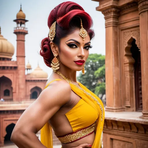 Prompt: Gorgeous ultra-muscular 25-year-old Pakistani drag queen bodybuilder with short dark red updo hairstyle wearing a Yellow saree with hot bose and 8 inch stiletto high heel shoes. Posing at The Walled City of Lahore.