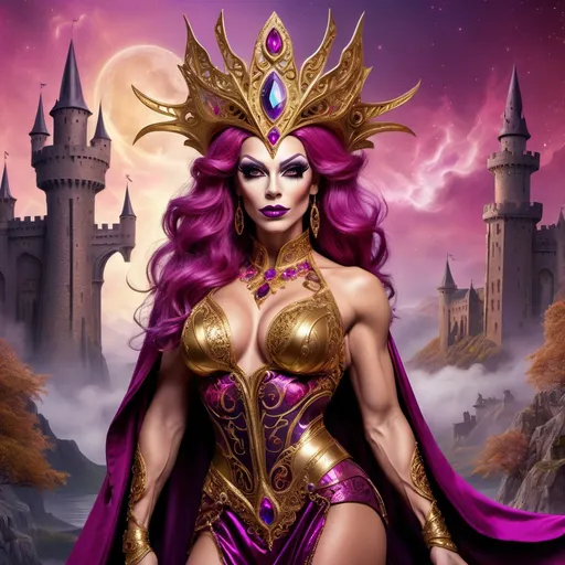 Prompt: Fantasy illustration of a powerful British drag queen bodybuilder sorceress, vibrant gold and magenta color palette, ancient castles in the background, dark eye makeup, darl lipstick,  flowing silk garments with intricate Wiccan patterns, majestic headdress adorned with gemstones, 8 onch stiletto high heel shoes, mystical glowing staff, high quality, detailed fantasy, British, mystical, powerful sorceress, gold and magenta, ancient castles, flowing garments, Wiccan patterns, majestic headdress, glowing staff, fantasy illustration, vibrant colors, mystical atmosphere