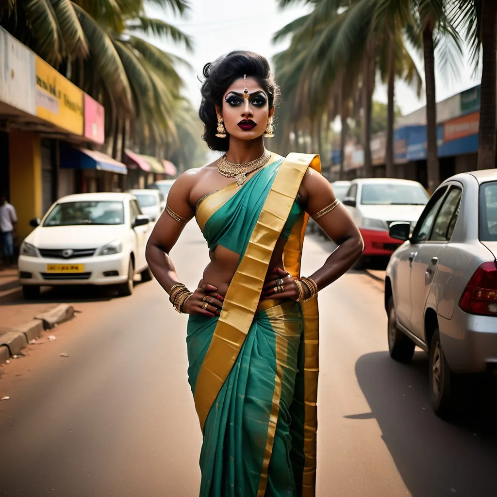 Prompt: Gorgeous ultra-muscular  25-year-old south indian drag queen with athletic figure, dark eye makeup, dark lipstick, wearing a beautiful two-toned sari, muscular physique, beautiful white color like south indian actress laxmi rai with nice figure, posing on the streets of Chennai.