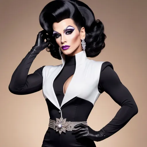 Prompt: Dr. Frankenstein creates a gorgeous, muscular, elegant, classy drag queen. Dressed in a conservative, yet alluring outfit.