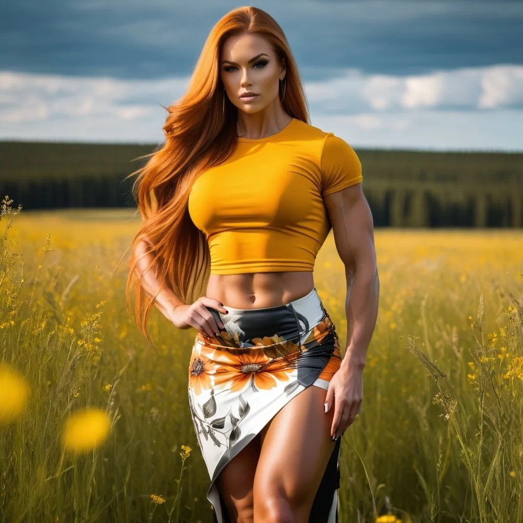 Prompt: 4k , high resolution , detailed features ,achromatic colors , realism ,fashion , glamour photography , art photography , landscape ,view, a gorgeous ultra-muscular 25-year-old Finnish goddess bodybuilder with huge busom and ridiculously long burnt orange shiny straight hair, standing in a beautiful meadow in modeling pose ,detailed yellow crop top t-shirt , multicolored floral wrap-around skirt , legs , low angle shot , 8 inch stiletto open toe high heel shoes 