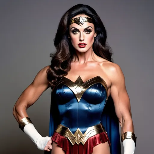 Prompt: Sylvester Stallone dressed as a 25-year-old gorgeous drag queen Wonder Woman.