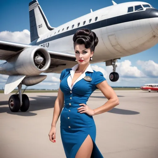 Prompt: Gorgeous ultra-muscular 25-year-old Finnish hour glass figured goddess with gigantic busom and ridiculously long wavy black updo bun hairstyle dressed as a 1960s stewardess,  passenger plane in background. Full length photography. 