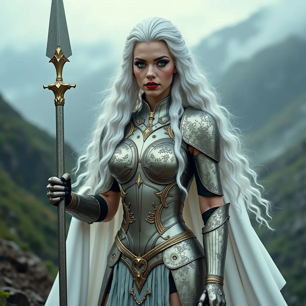 Prompt: a Valkyrie, a powerful, majestic gorgeous drag queen with long, flowing silver hair and piercing green eyes, dark eye makeup, dark red lipstick, muscular physique, perfect body, wearing a suit of armor that shines like gold in the light, perfect body, with intricate engravings of Norse mythology flowing white cape that billows behind her like a cloud. She should be holding a spear in one hand, with a shining silver tip that seems to glow with an otherworldly energy. The background should be a misty, mystical landscape with hills and towering trees, with a faint glow of the Northern Lights,shimmering aura that suggests her connection to the gods and her role as a guide for souls to Valhalla, ultra detailed,14k, sharp focus, cinematic,dslr, glamour shot,