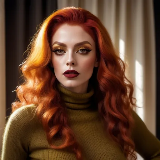 Prompt: (French drag queen with long curly red hair), wearing an olive long knitted yellow turtleneck shirt and skinny jeans, dark ete makeup, dark lipstick,  masculine jawline and brow, (close up,low angle shot ), inside a softly lit room, (white curtains gently swaying),  captured in an extremely detailed (oil painting style), (photorealistic), sunlight streaming through the woman  , she is looking out the window and  holding the curtains with her hands ,(artistic modeling pose) ,high resolution , detailed , bright colors