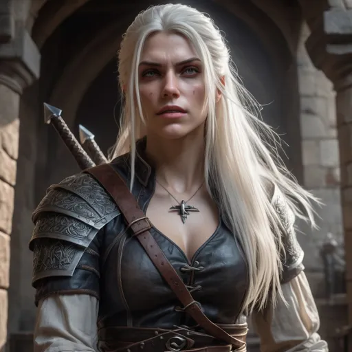 Prompt: Creates a gorgeous and Realistic image of a Muscular transwoman version of Geralt of Rivia with long flowing platinum blonde hair,  in the midst of battle in a castle.