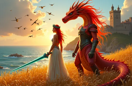 Prompt: Iridescent orange red dragon beside a gorgeous, very muscular warrior goddess with strong features, long flowing wavy bright red hair, circlet crown and ornate suit of armor and teal glass sword standing in a field of rye along a rocky cliffside by the sea with a castle tower and colorful sunrise birds flying in the sky