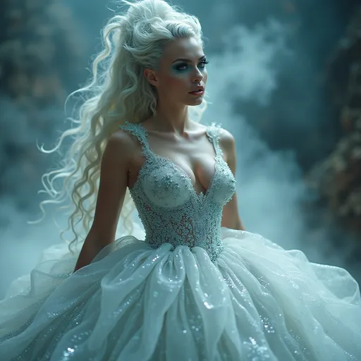 Prompt: Gorgeous muscular  35-year-old  Icelandic drag queen, Glass face and dress, ethereal and translucent textures, shimmering reflections, mystical aura, cool tones with a hint of silver, soft lighting creating a dreamy atmosphere, intricate details on the dress, surrounded by a misty background, while the glass surface captures and refracts light, ultra-detailed, high-definition masterpiece.