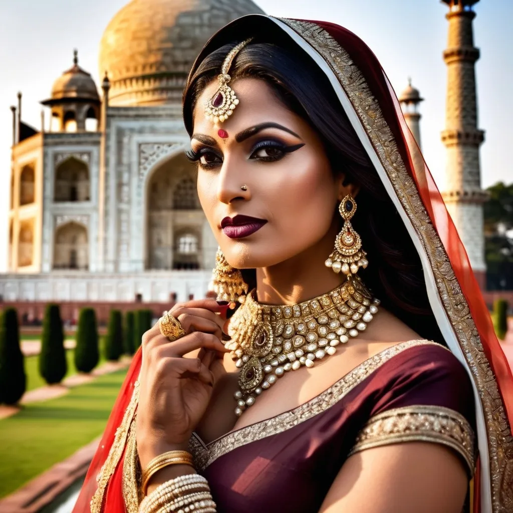 Prompt: In 1670's a gorgeous, very muscular 35-year-old Indian drag queen (with strong masculine facial features, dark lipstick, large busom) standing majestically in front of the Taj Mahal, wearing an opulent and elaborate traditional Indian royal dress adorned with intricate gold embroidery and sparkling jewels. She exudes grace and power, with a serene yet commanding expression that captures the admiration of the gathered crowd. The scene is composed with expert artistry, featuring dramatic lighting that highlights the rich textures of her attire and the architectural beauty of the Taj Mahal. The composition should feel like a professional artistic photograph, with meticulous attention to details in posture, facial expression, and the interplay of light and shadow, creating an atmosphere of regal elegance and reverence.