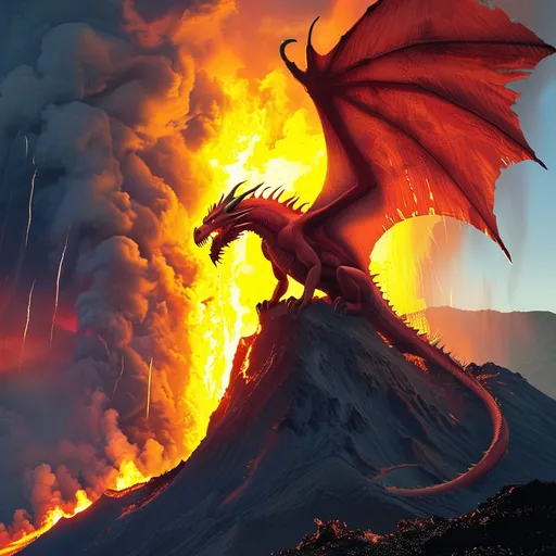 Prompt: Huge red dragon on fire, climbs out of a gigantic volcano at sunset in Hawaii