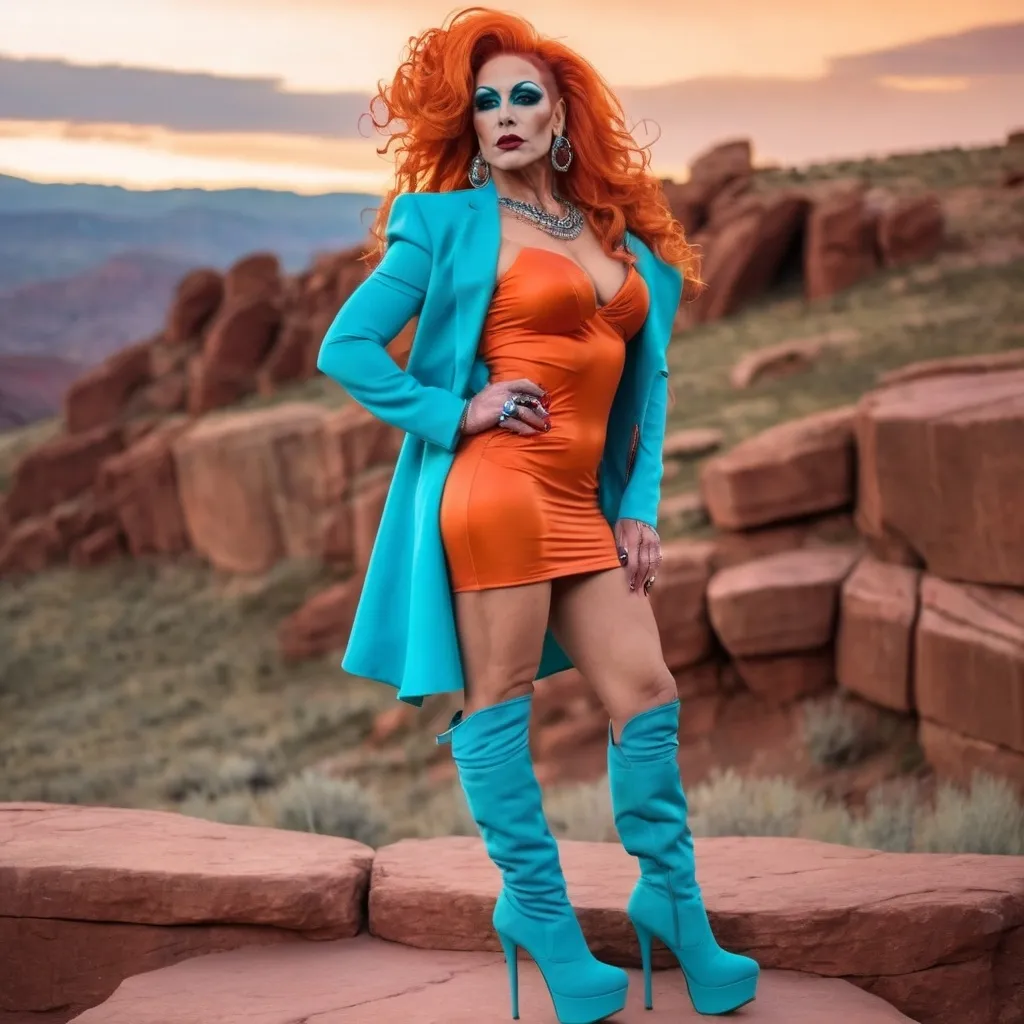 Prompt: A gorgeous muscular 35-year-old Turkish drag queen bodybuilder with large busom, dark eye makeup, dark lipstick, a long curly bright orange hair, wearing an asymmetrical teal gown, and 8 inch platform stiletto high heel knee-high boots,  Colorado Red Rocks at sundown in the background. 