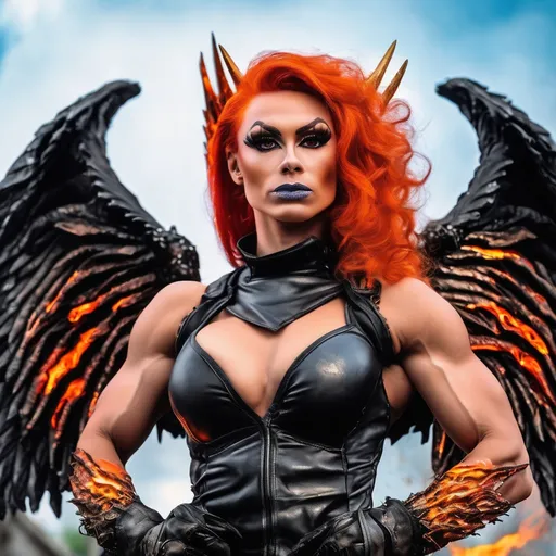 Prompt: Hot 25-year-old Czechian drag queen pyromaniac bodybuilder with a big rack. Modest clothing. Flaming hair, wearing black armor with breastplate. Flaming Fiery angel wings. Fiery ruins behind her.