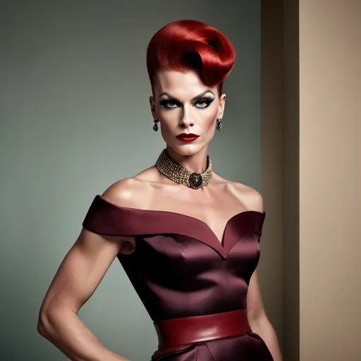 Prompt: Gorgeous muscular 35-year-old Danish drag queen (strong masculine jawline and brow), Prada 1950s style elegant silhouette, classic tailored look, vibrant colors, rich textures, polished accessories, soft lighting, nostalgic ambiance, high-quality detail, reminiscent of mid-century fashion photography, chic dark red hairstyle, playful patterns, stylish footwear, retro elegance