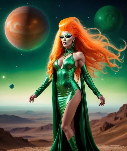 Prompt: Gorgeous ultra-muscular 25 year old orange skinned alien drag queen goddess with ridiculously long flowing green hair (((blowing in the wind))), muscular physique, celestial robes and 8 inch stiletto high heel boots looking out toward a fantastical celestial landscape