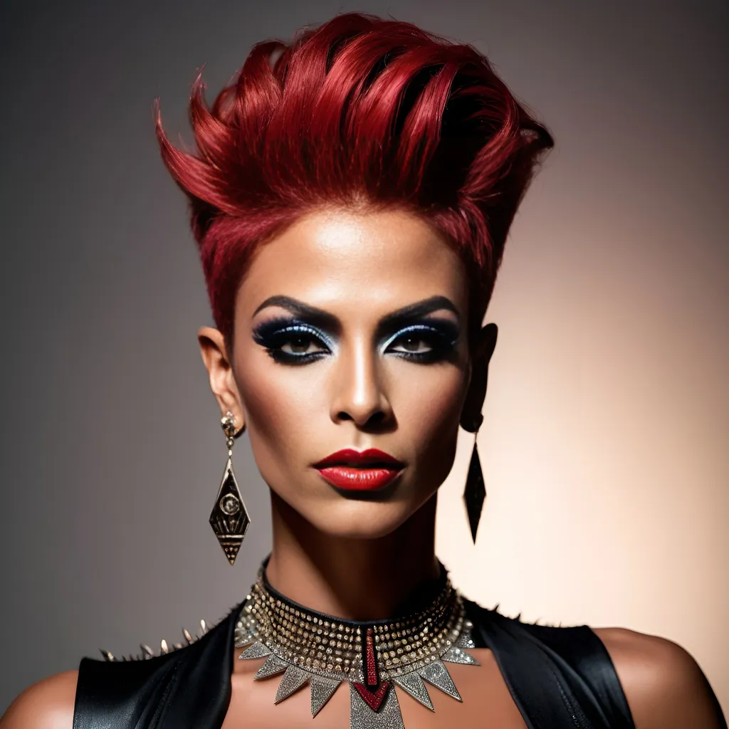 Prompt: Gorgeous muscular 35-year-old Egyptian drag queen (strong masculine jawline and brow features) with short spiky stylush red hair (Cavalli outfit), high fashion, (luxurious fabric), intricate detailing, dramatic silhouette, bold patterns, bright colors, modern and stylish, runway-ready, beautifully styled, expressive poses, atmospheric lighting, artistic composition, edgy accessories, urban chic background, (trendy environment), cinematic aesthetic, ultra-detailed, high quality, shoulder length Brunette hair.