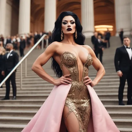 Prompt: High resolution (8K or UHD), soft natural lighting, and realistic depth of field "shot on a Sony A7R IV, 50mm f/1.8 lens, ISO 100 Glamour photography of stunningly Gorgeous, very muscular, suntanned, 35-year-old, suntanned, Greek drag queen bodybuilder (with masculine jawline and brow facial features, dark lipstick, big busom, black hair) on the Met Gala steps in New York wearing designer gold and pink gown with long train, intricate details, glitter and jewels, posed 3/4 turn standing, flirty expression, in the style of Guy Aroch

