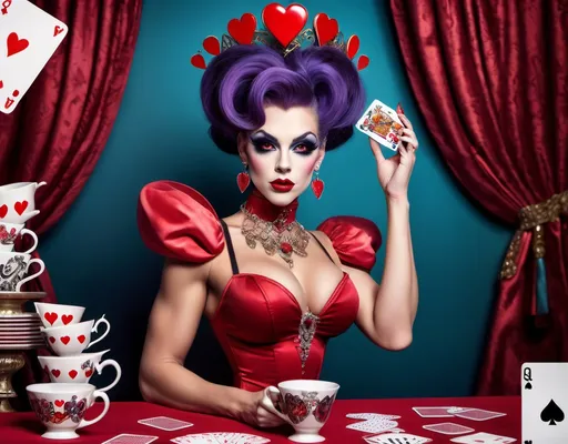 Prompt: If the Queen of Hearts was a gorgeous hyper-muscular 25-year-old drag queen bodybuilder with Dark eye makeup and dark lipstick. Wearing 8 inch stiletto high heel shoes. Having a tea party.