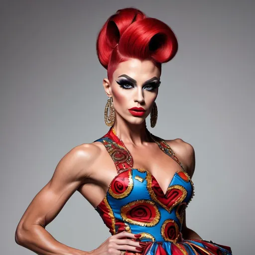 Prompt: Gorgeous ultra-muscular 25-year-old Czechian drag queen bodybuilder with long dark red stylish updo wearing a (Moschino dress), high fashion design, colorful patterns, playful and vibrant, couture elegance, luxurious texture, striking silhouette, artistic flair, runway-inspired style, intricate details, eye-catching embellishments, bold color palette, fashionable ambiance, (ultra-detailed), high-quality craftsmanship, fashion illustration vibes, stylish ensemble, (vivid colors), aesthetically stunning.