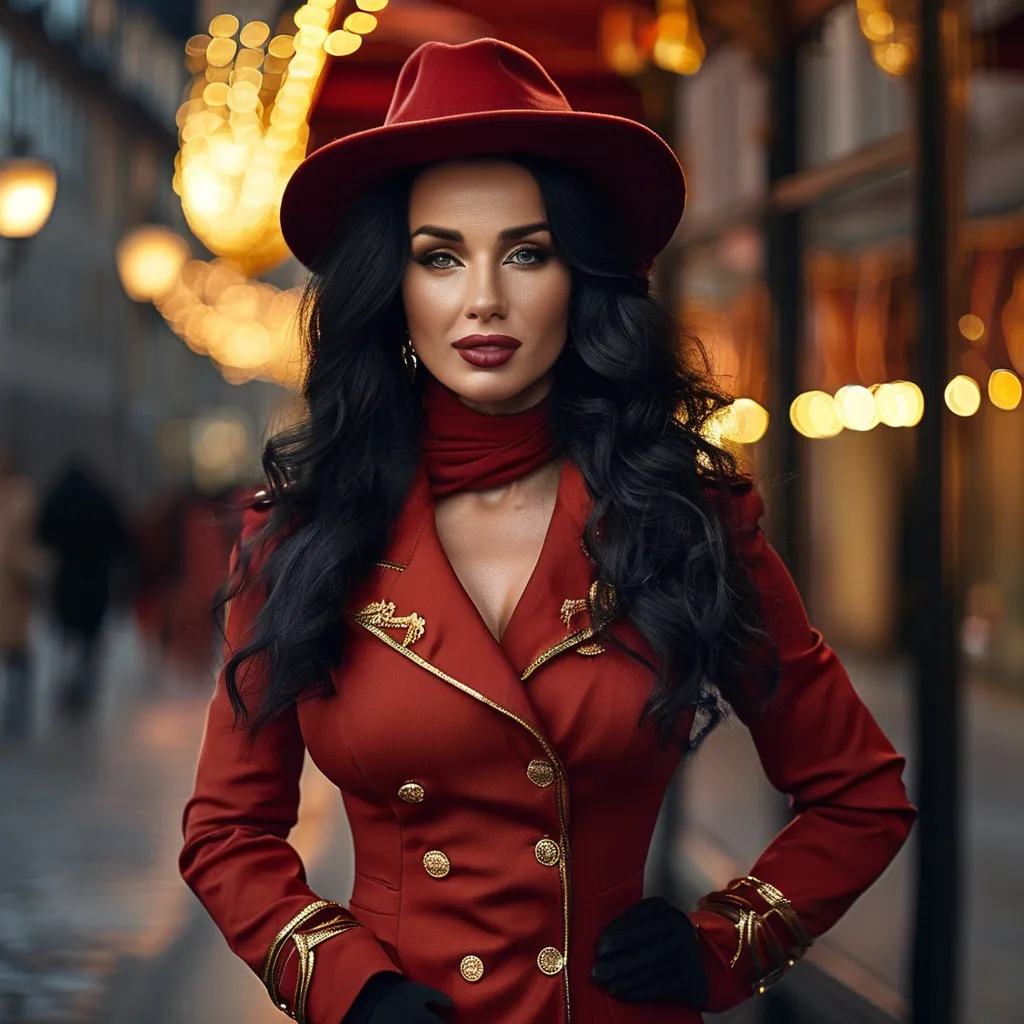 Prompt: Gorgeous ultra-muscular 25-year-old Italian goddess bodybuilder with huge busom and ridiculously long styled black hair, wearing a maroon tailcoat with gold trim, black miniskirt, 8 inch stiletto high heel Prada boots, standing outside Stockholm nightclub at night, 8k photo, high detail, elegant, glamorous, nightlife, sophisticated, detailed makeup, wavy hair, luxurious attire, atmospheric lighting