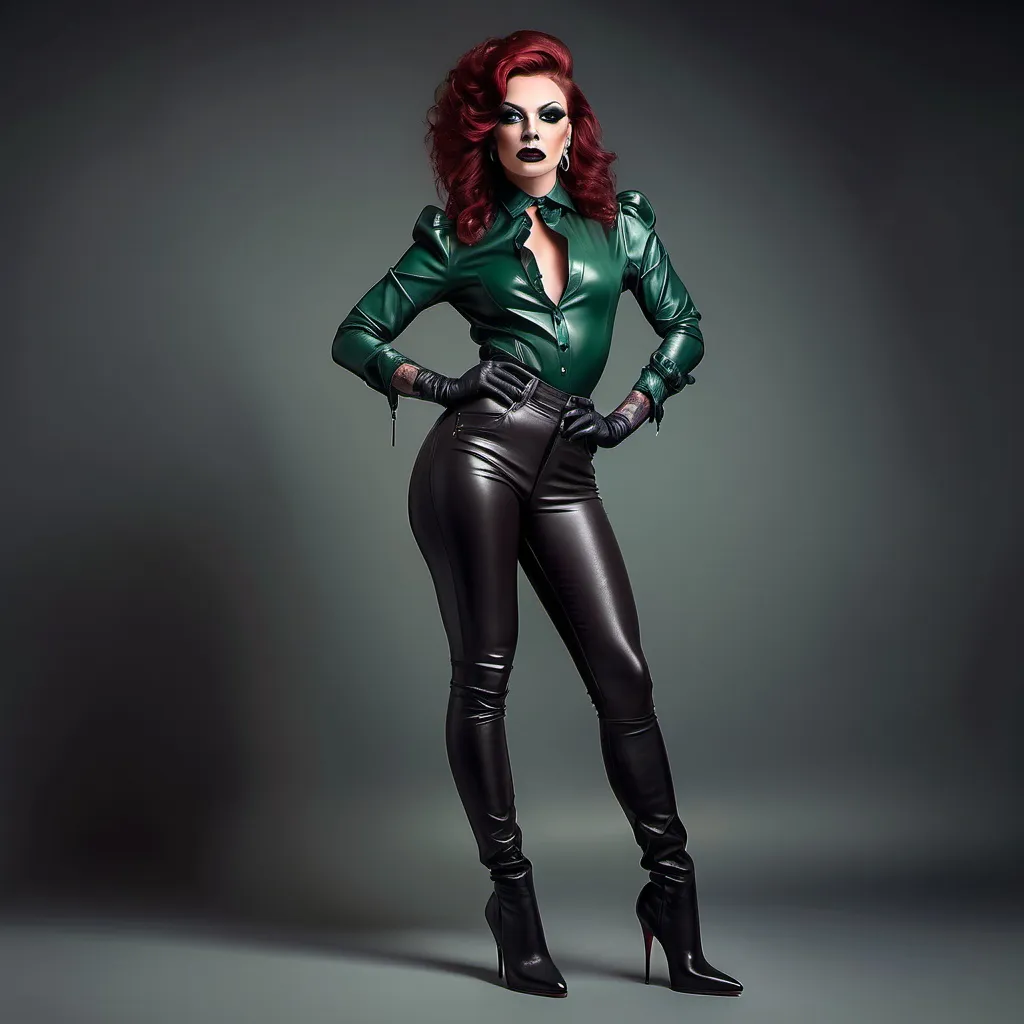 Prompt: Full-length realistic illustration of a confident, gorgeous, muscular 25-year-old French drag queen with stylish dark red hair, wearing tight black leather leggings without pockets  Victorian-style green silk blouse, stiletto boots, leather gloves, leather jacket, detailed fabric texture, strong stance, dark eyeshadow,  dark lipstick, realistic, detailed, full body, confident expression, urban fashion, high quality, detailed, realistic, contemporary art, professional, atmospheric lighting, old dark castle.