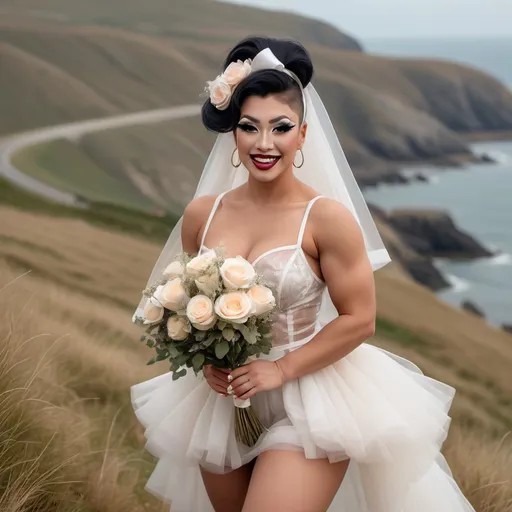 Prompt: Cute and glamorous 20-something Eurasian drag queen bodybuilder, very beautiful,
During a photoshoot wearing a sheer mini wedding dress, garter belt, and stiletto high heels
Hairband on her head
Smiling expression
Outfit that emphasizes her glamorous body
Large busom 
Holding a small bouquet in one hand.
Taking a photo on a windy seaside hill.
Skirt and veil blowing in the wind
Sitting on a bench with her muscular legs slightly spread
Thighs visible
Wearing a garter belt
