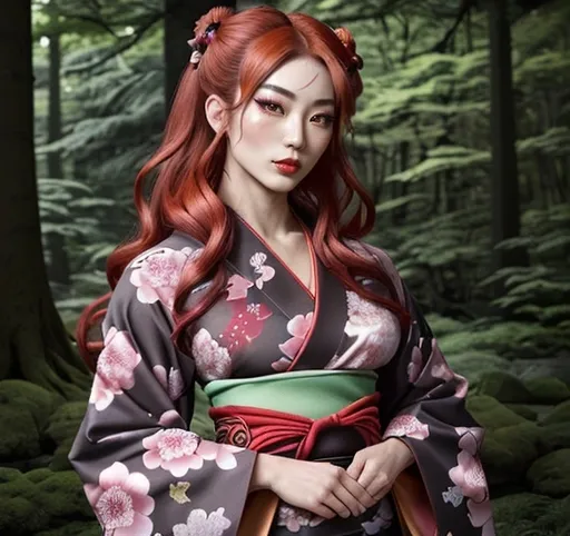 Prompt: Full body gorgeous ultra-muscular 25-year-old Japanese drag queen bodybuilder in a kimono, serene forest setting, traditional Japanese art style, long red hair, vibrant colors, detailed floral patterns, soft and natural lighting, detailed facial features, dark smoky eyeshadow, heavy mascara, dark red lipstick, peaceful atmosphere, high quality, traditional, serene forest, detailed kimono, vibrant colors, Japanese art style, 25-year-old, detailed facial features, natural lighting