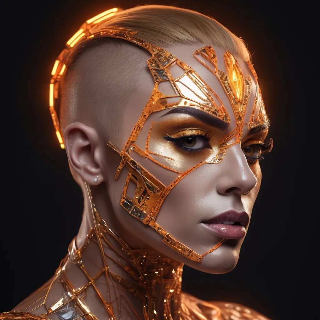 Prompt: A hyper-realistic portrait of a futuristic muscular cybernetic drag queen (with masculine strong jawline) whose face is symmetrically divided into a glowing, biomechanical side and a human, expressive side. The cybernetic side is composed of intricate gold and orange circuitry with shards and glowing fragments, while the human side features soft skin with subtle highlights reflecting blue ambient light. The black background is a soft blur of a few neon orange and blue-green lights, creating a cinematic high-tech atmosphere. The composition emphasises her piercing green eyes and the detailed textures of skin and metal. The lighting is a dynamic mix of warm and cool tones, adding depth and drama to the scene. The mood is mysterious and ethereal, evoking both humanity and technological transcendence. Highly detailed, photorealistic rendering with an emphasis on depth of field and reflective surfaces.