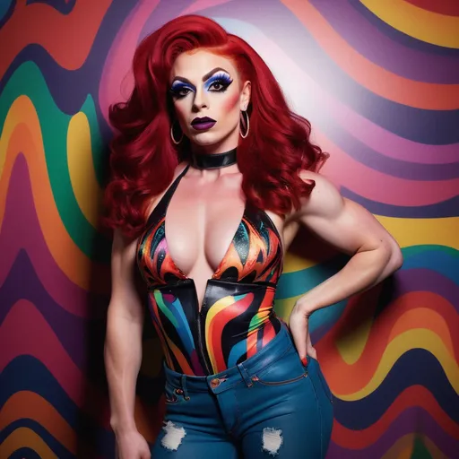 Prompt: A high definition hyper-detail live action digital photograph of a gorgeous ultra-muscular 25-year-old Polish drag queen with bright red hair, dark eye makeup, dark lipstick, dressed in a low-cut halter top in a bold, psychedelic print. A pair of high-waisted, flared jeans, hugging her curves and thighs like a second skin. And to top it all off, a pair of 8 inch stiletto platform sandals and a wide-brimmed hat walking through Salt Lake City Utah.