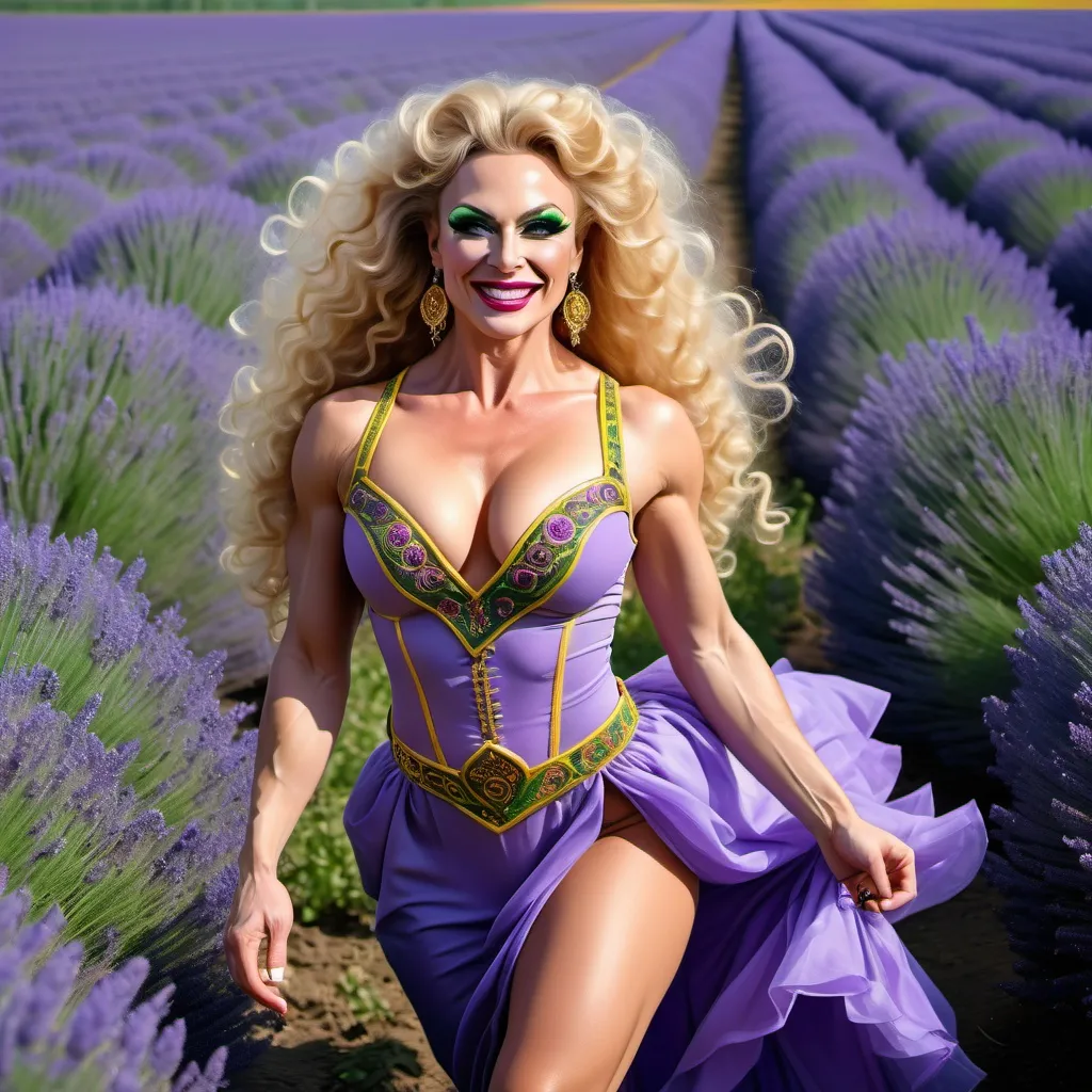 Prompt: Generate gorgeous muscular 35-year-old Ukrainian drag queen bodybuilder with big busom, long blonde curly hair and green eyes, she is dressed in traditional Ukrainian dress and 6 inch stiletto heels, she is running thru the lavanda field, her arms are up to the sun , she is smile and her face is shine with positive mood and talking phone