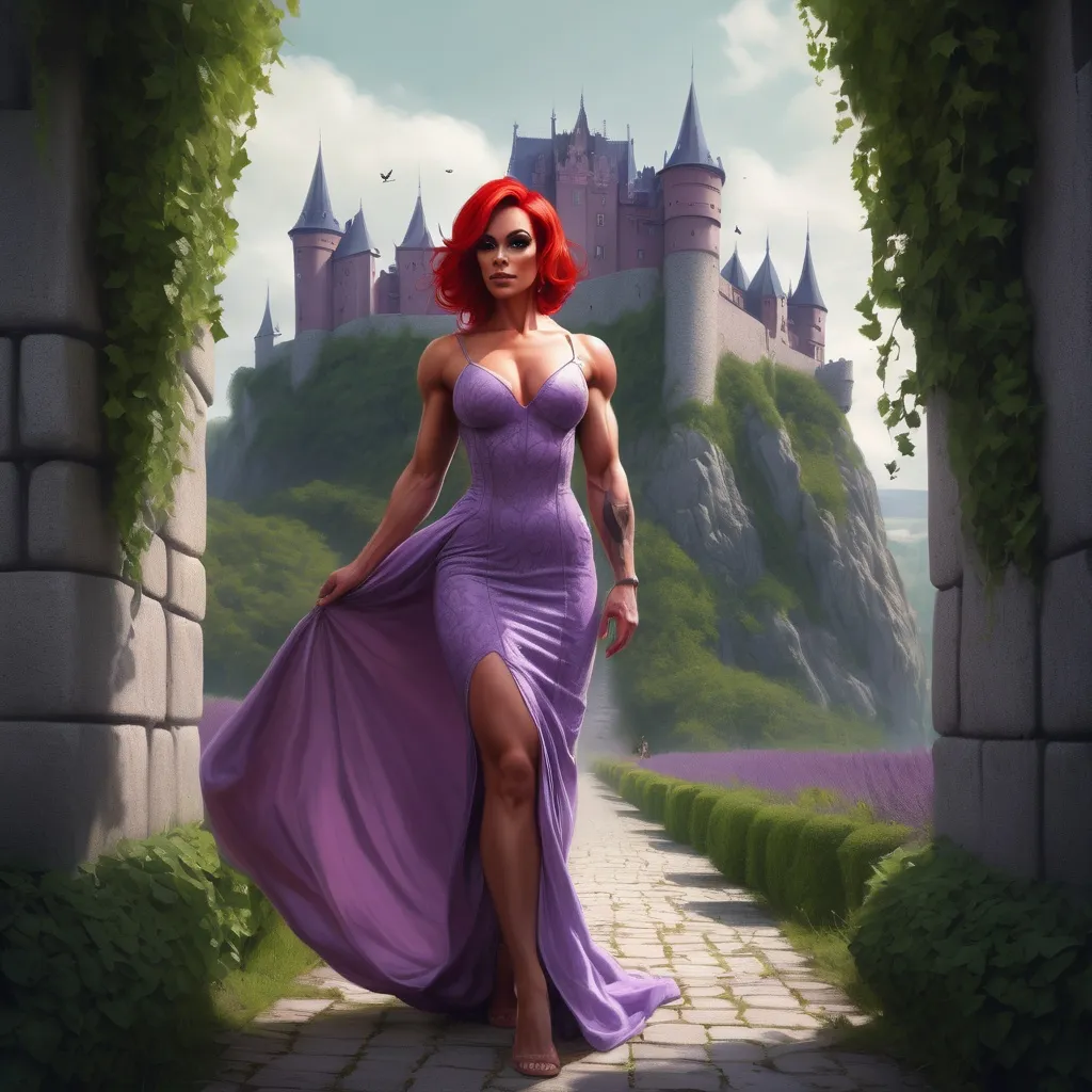 Prompt: A gorgeous ultra-muscular 25-year-old Swedish drag queen bodybuilder with a red longbob and in a lavender dress is walking down a path with ivy growing on the walls behind her and a castle in the background, Charlie Bowater, fantasy art, epic fantasy character art, a detailed photograph