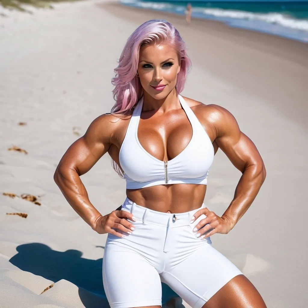 Prompt: Gorgeous ultra-muscular 25-year-old caucasian goddess bodybuilder, sitting on the beach, wet pink hair, huge busom, danish nationality, wearing white shorts, wet skin, show both hands and both legs