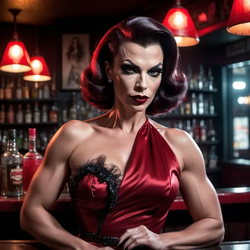 Prompt: Gorgeous muscular 35-year-old femme fatale drag queen (strong masculine jawline and brow) in a dimly lit gritty bar, (1950s noir aesthetics), leaning against the bar, wearing a sleek red cocktail dress, dark eyeshadow, dark lipstick, (holding a lit cigarette), wisps of smoke drifting, dramatic shadows, atmospheric ambiance, (high detail) & (cinematic quality), 8K resolution, hooded incandescent lamp spotlighting her hauntingly beautiful appearance, evokes tension and allure, capturing the essence of classic noir photography.