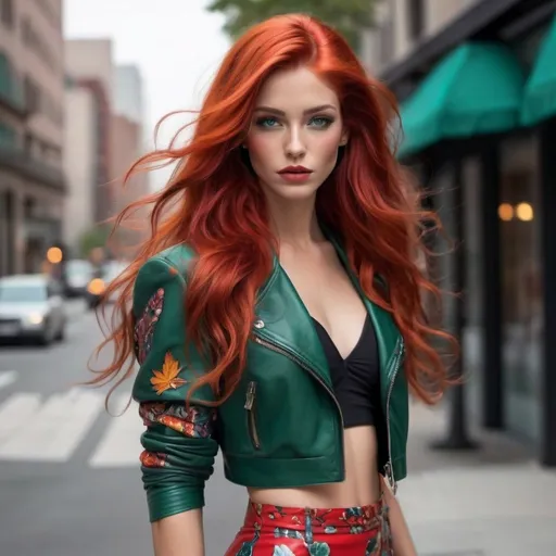 Prompt: 
Picture of a Gorgeous 25-year-old Czechian bodybuilder goddess with ridiculously long fiery red hair cascading down her shoulders in loose waves, reminiscent of the vibrant hues of autumn leaves. Her hair, like a blazing sunset, frames a face adorned with delicate features. High cheekbones, a pert nose, and full lips painted in a bold shade of red that matches the intensity of her hair.

Her eyes, a mesmerizing shade of emerald green, sparkle with mischief and curiosity, framed by thick lashes that flutter like the wings of a butterfly. She has an air of confidence about her, carrying herself with the effortless grace of a dancer on a dimly lit stage.

Dressed in the fashion of the 1980s, she wears a vintage-inspired ensemble that effortlessly blends bold patterns and vibrant colors. A cropped leather jacket adorned with studs and patches adds a touch of rebelliousness to her look, while a flowing skirt in a riot of floral prints sways with every step she takes.

Her accessories are eclectic and eye-catching, from oversized hoop earrings that glint in the neon lights of the city to a stack of bangle bracelets that jingle softly with her movements. On her feet, she wears a pair of 8 inch stiletto high heel shoes that give her an added boost of confidence as she struts down the bustling streets of the urban landscape.

There's an undeniable magnetism to her presence, a combination of beauty, charisma, and a hint of mystery that draws people in like moths to a flame. She embodies the spirit of the 1980s, a time of bold fashion choices, vibrant personalities, and an unapologetic zest for life.  you can see her  figure