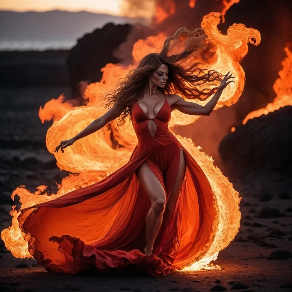 Prompt: very muscular dancing female, dancing on fire, silhouette, lava, long flowing fire gown, huge busom, long wavy fiery hair, long muscular legs, very muscular dancing female, mystical background, 