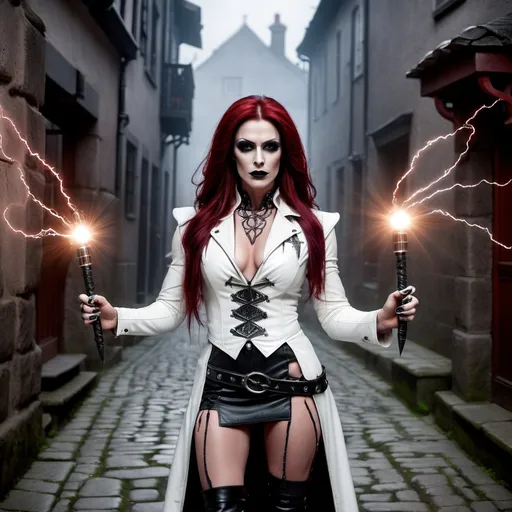 Prompt: Gorgeous muscular 35-year-old Romanian drag queen shadow warrior with bolts of electricity arcing from her magic wand, tall, long dark red hair, black eyes, dark gothic makeup, pale skin, white leather duster, white vest with celtic runes, white leather boots, cinematic, horror, 8K photo, key light, standing in a cobblestone lane, foggy night, intricate details.