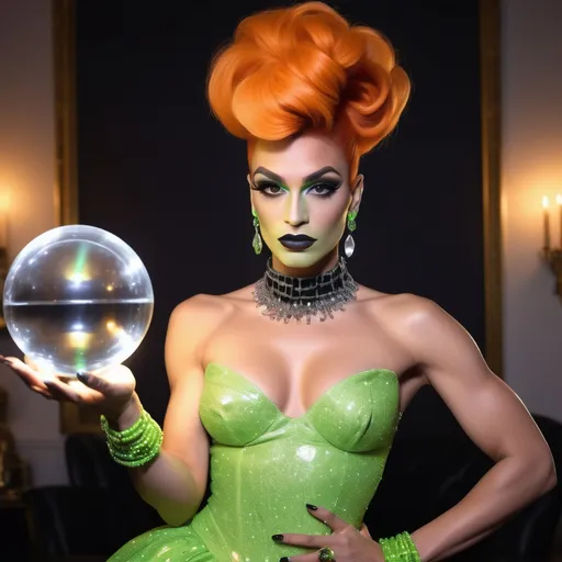 Prompt: a gorgeous muscular 25-year-old French drag queen (with masculine facial features) with dark eyeshadow,  dark lipstick, and orange updo hair, wearing a neon green Coco Chanel dress holding crystal ball filled with lightning, Ayshia Taşkın, private press, hourglass slim figure, a pastel